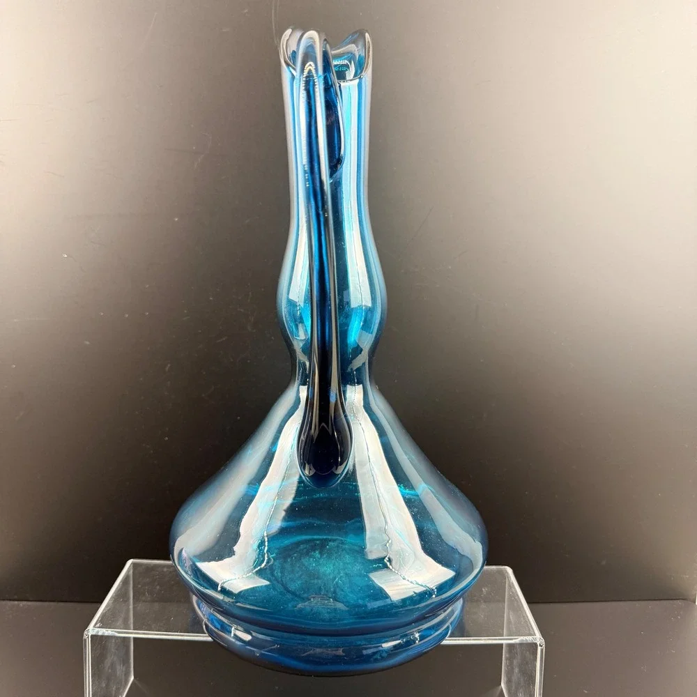 Vintage Blue Art Glass Pitcher Hand Blown 13
